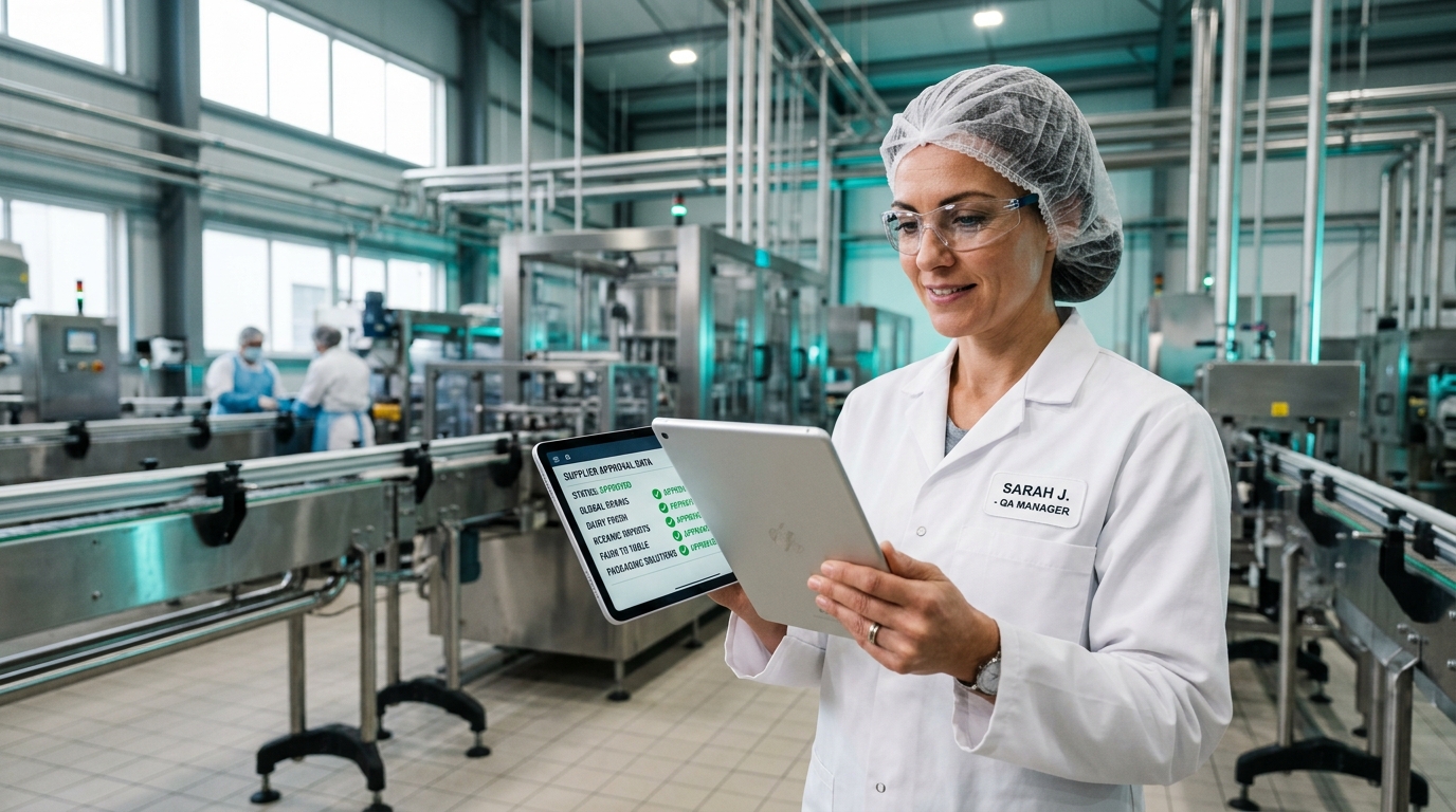 Food Safety QA Manager reviewing supplier approval records on tablet