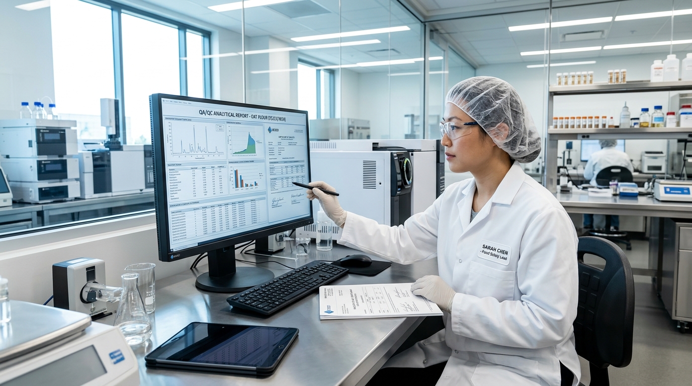 Food safety scientist and auditor reviewing certificate of analysis in laboratory