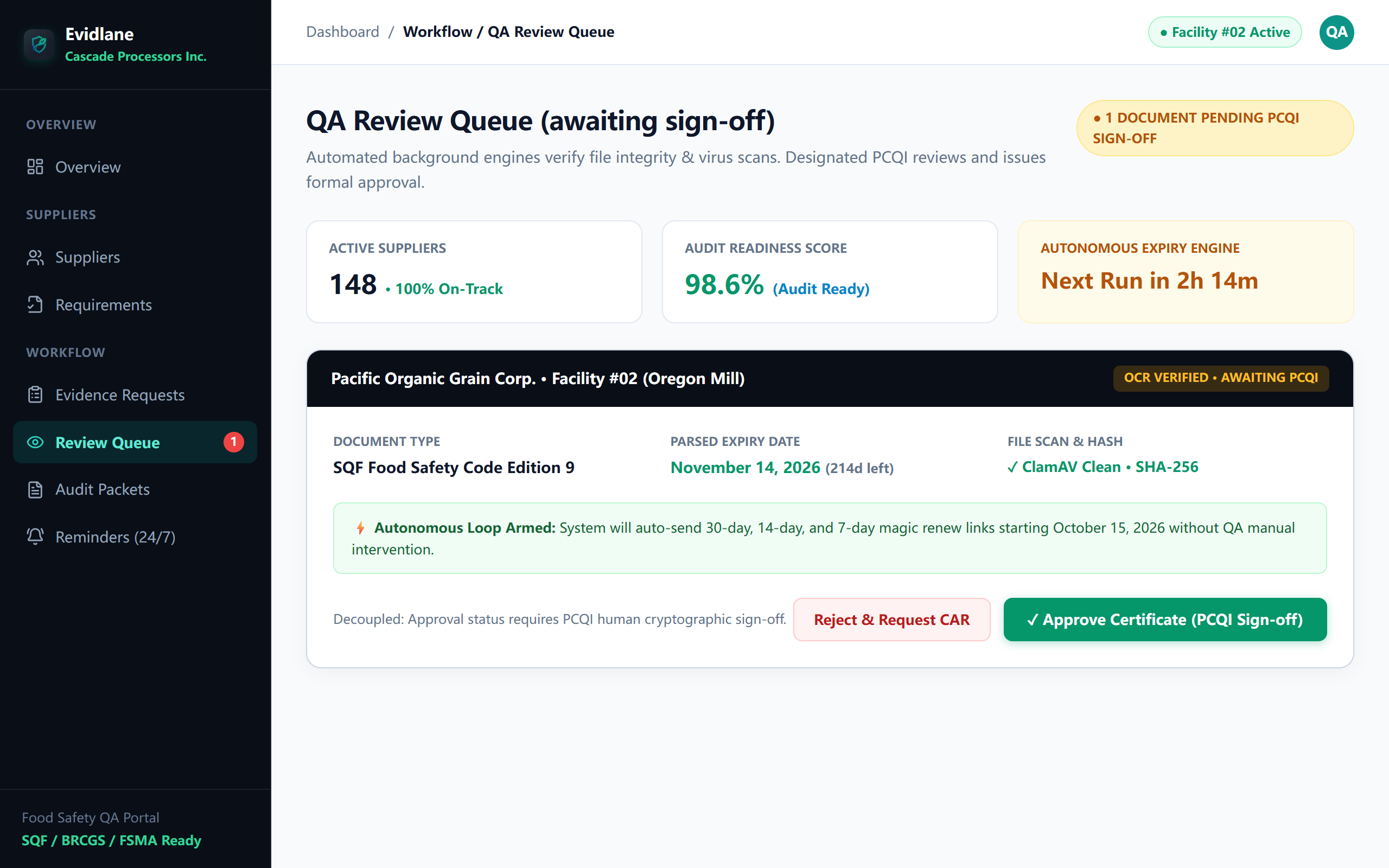 Step 3 Real Dashboard Screenshot: Autonomous Engine and PCQI Review Queue